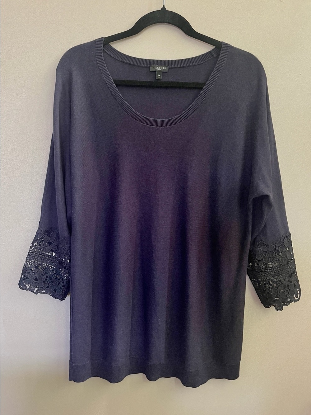 Talbots Scoop Neck Knit Navy Top Crochet Lace Cuffs size large petite